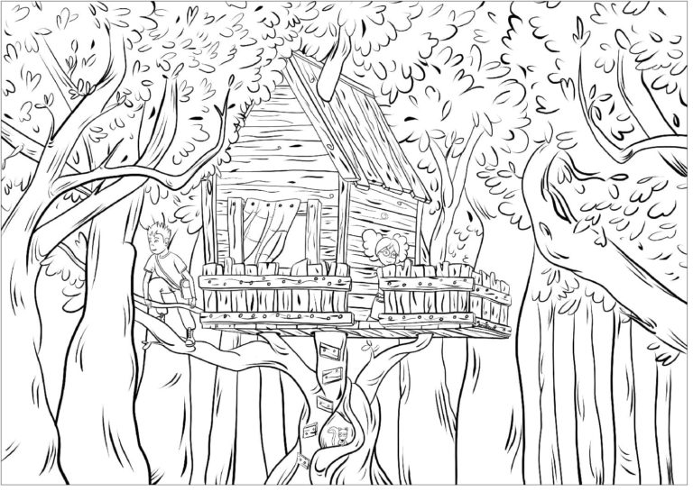 Dům na stromě v lese omalovánka