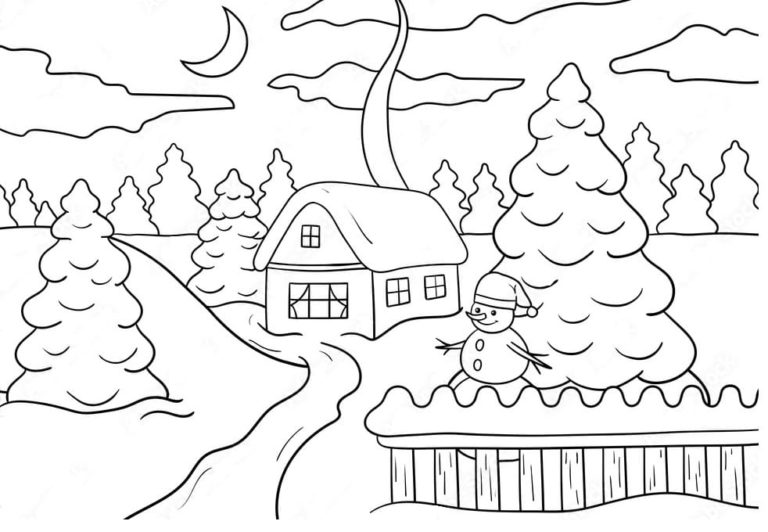 Dům v zasněženém lese. omalovánka