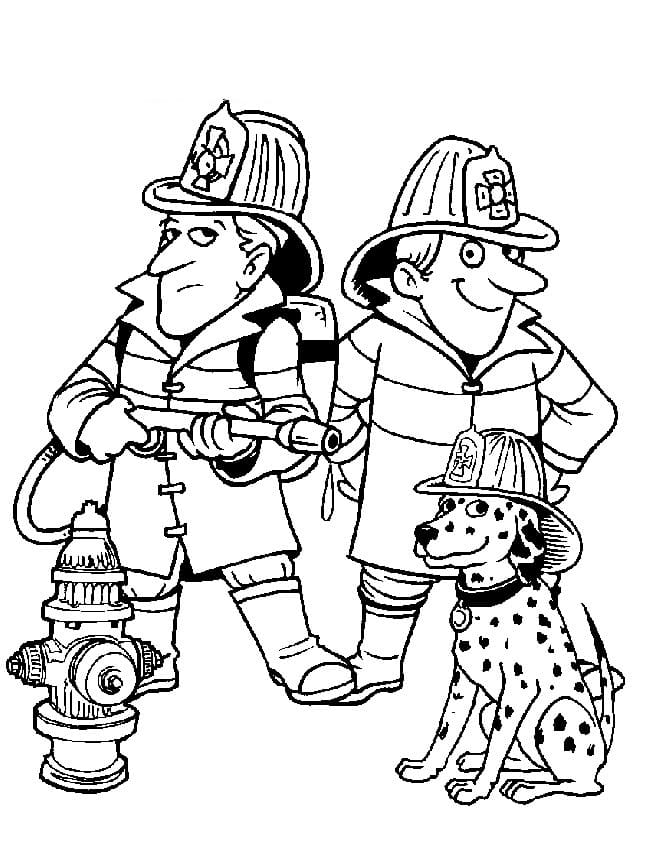 Dva hasiči a dalmatin u hydrantu. omalovánka