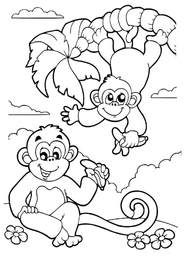 Dvě zlobivé opice se baví s banány omalovánka
