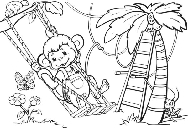 Jak zábavné opice jezdí na houpačce omalovánka