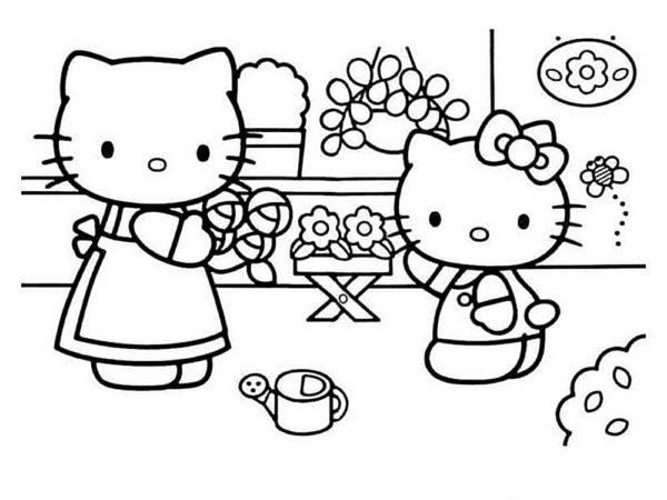 Kitty a její máma spolu rády pečují o květiny omalovánka