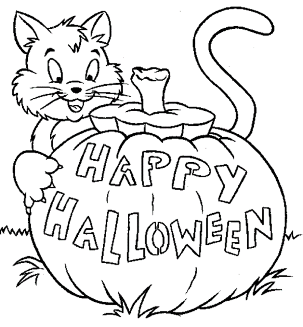 Kočka vedle dýně s nápisem Happy Halloween omalovánka