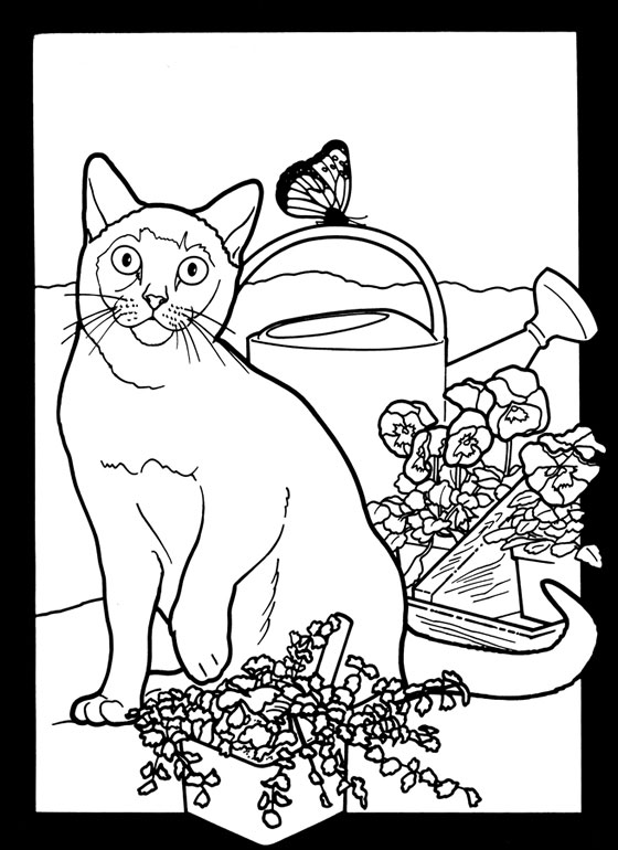 Kočka vedle květin a zalévací zařízení omalovánka
