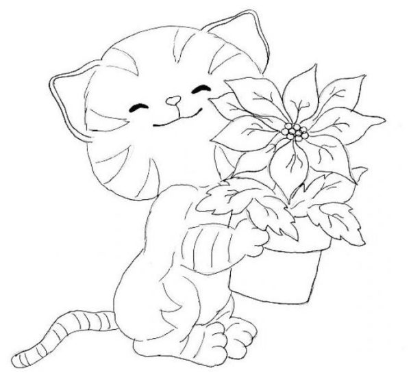 Omalovánka Kotě šťastně drží vázu s květinou