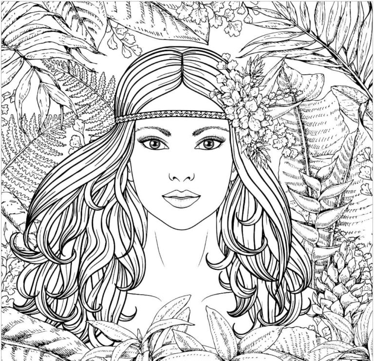 Krásná dívka v tropickém lese omalovánka