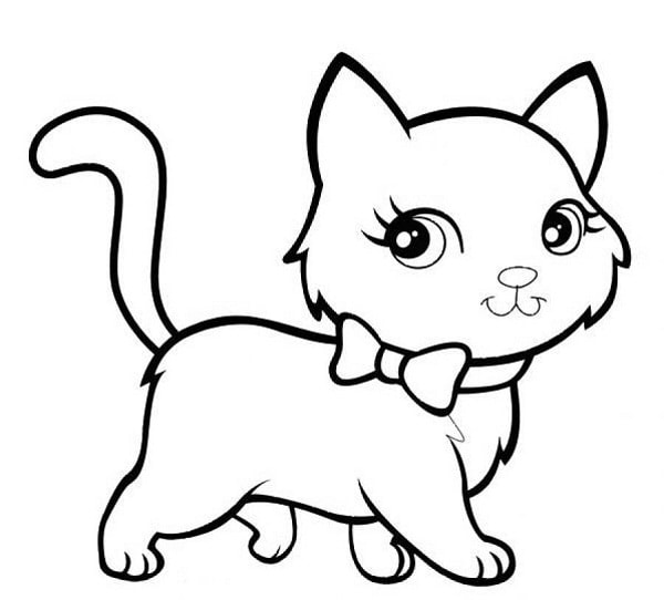 Krásná kočička s mašlí se koketně usmívá omalovánka