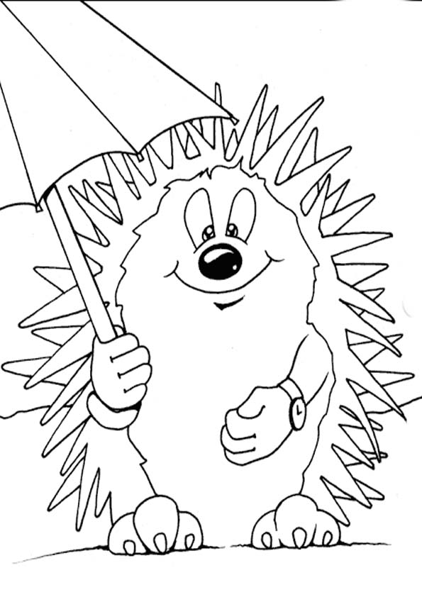 Legrační ježek s hodinkami a deštníkem omalovánka