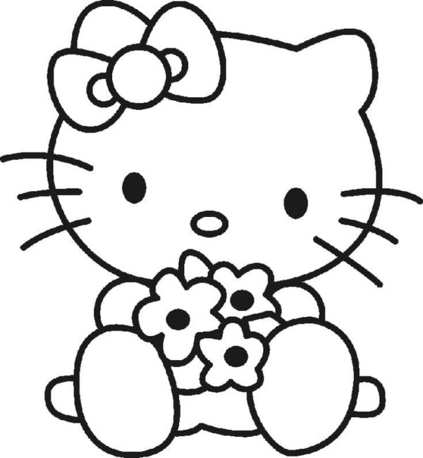 Little Kitty s kyticí květin. omalovánka
