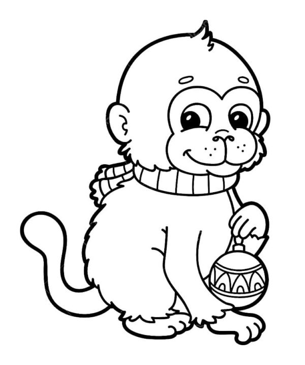 Malá opice s hračkou vánočního stromku omalovánka