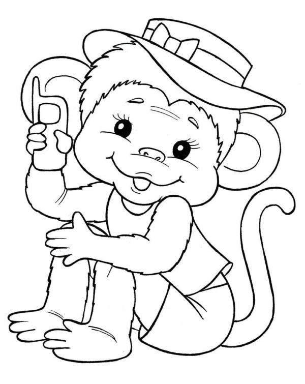Módní opice v klobouku s telefonem omalovánka