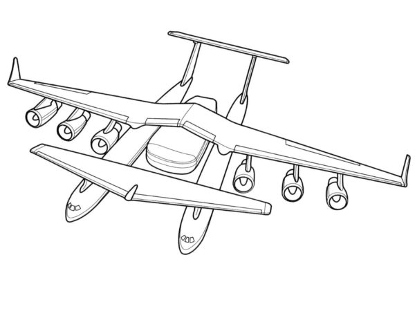 Obrovské nákladní letadlo se šesti turbínami a přihrádkou pro přepravu těžké techniky. omalovánka