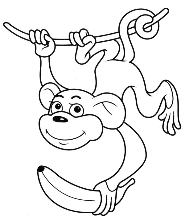 Opice se nohama a ocasem chytila o větev omalovánka