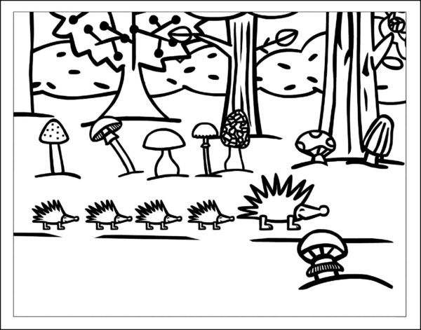 Omalovánka Přehlídka ježků v lese