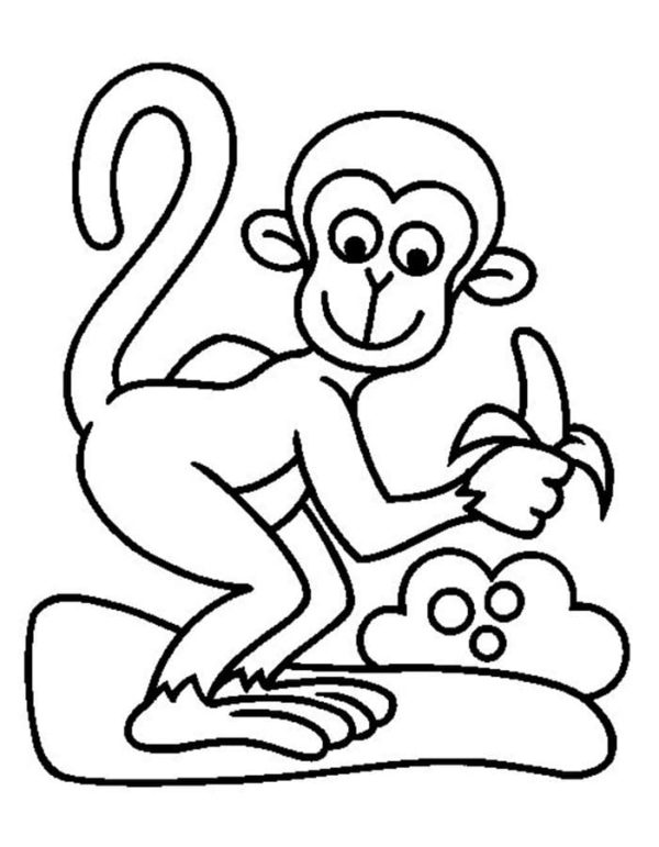 Prudká opice jí banán omalovánka