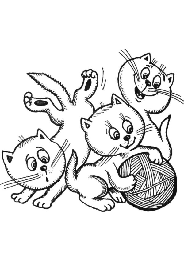 Omalovánka Tři koťata si hrají s klubkem příze