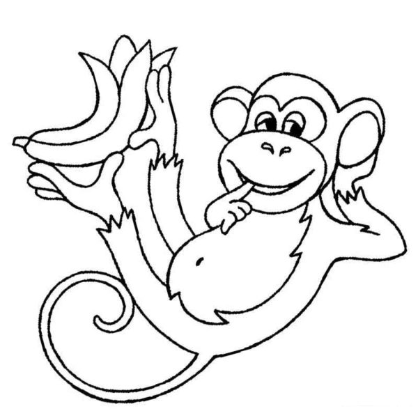Usmívající se opice drží banány nohama omalovánka