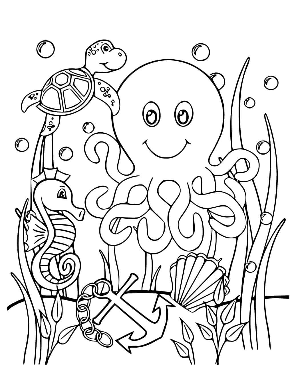 Usmívající Se Chobotnice S Mořskými Zvířaty omalovánka