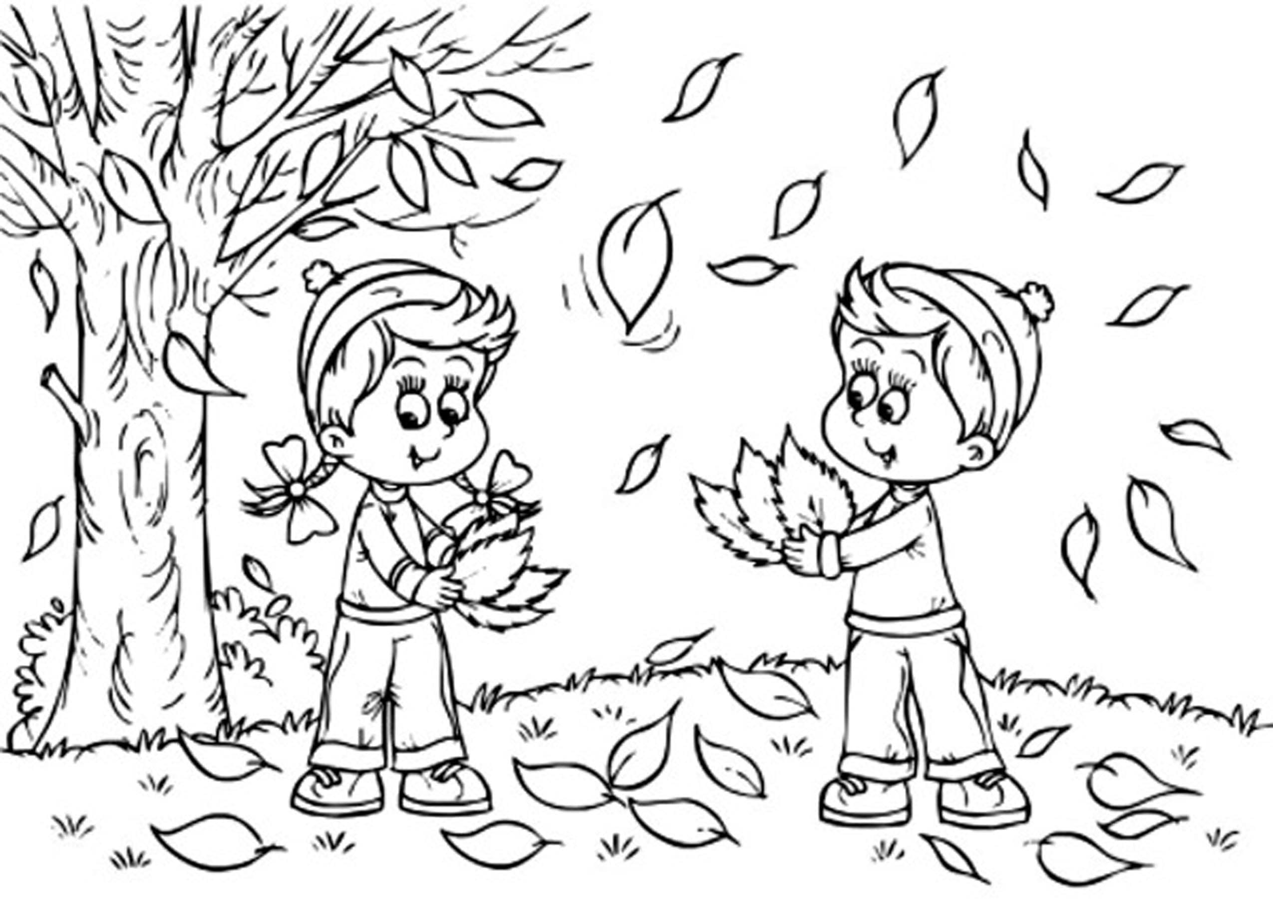 Dvě Děti s Spadané Listí Na Podzim omalovánka