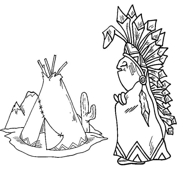 Indiánský náčelník, vigvam, hory, kaktus omalovánka