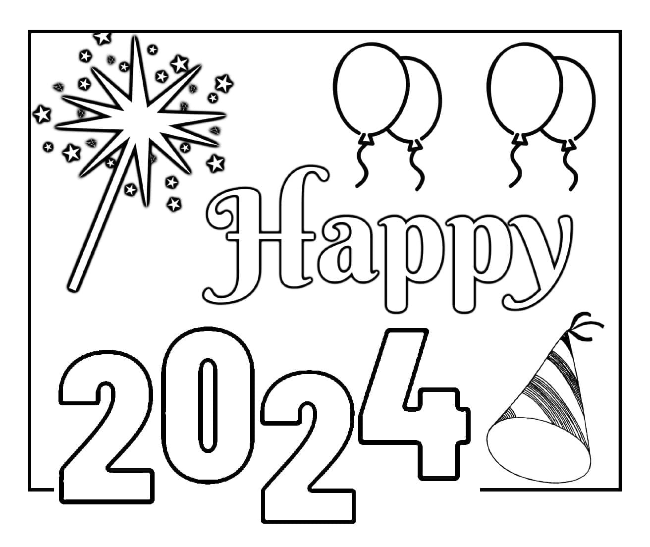 Šťastný Nový Rok 2024 k Tisku Zdarma omalovánka