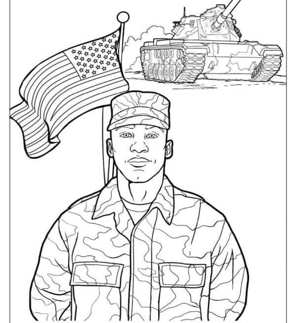 Voják Tvář S Americkou Vlajkou A Tankem omalovánka