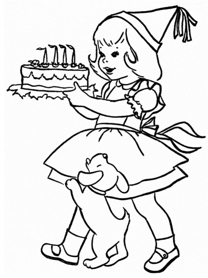 Holčička s narozeninovým dortem omalovánka
