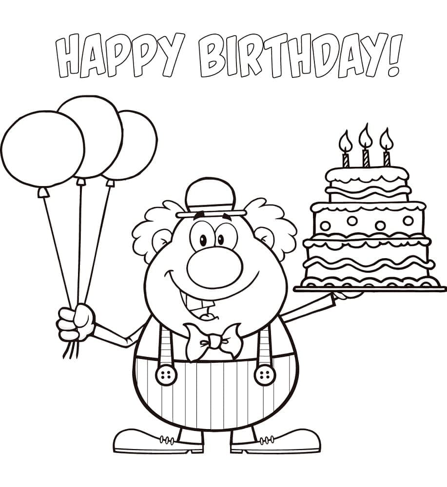 Klaun s balónky a narozeninový dort omalovánka