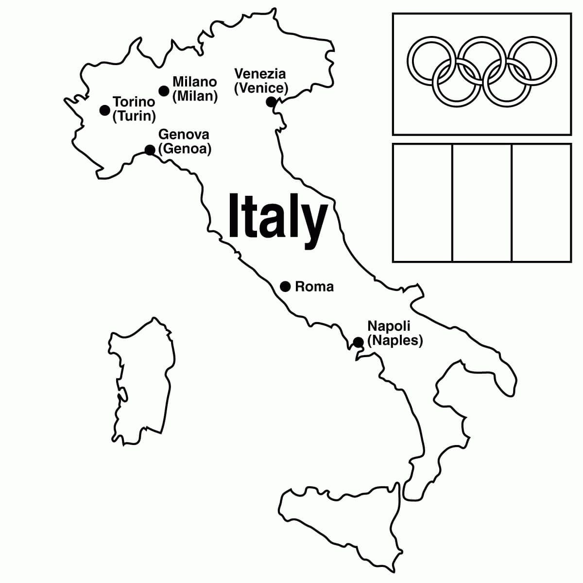 Mapa Itálie k vytisknutí zdarma omalovánka