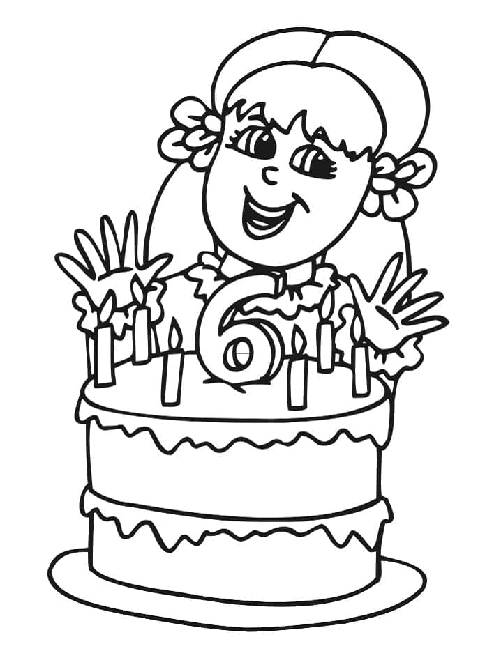 Šťastná dívka s narozeninovým dortem omalovánka