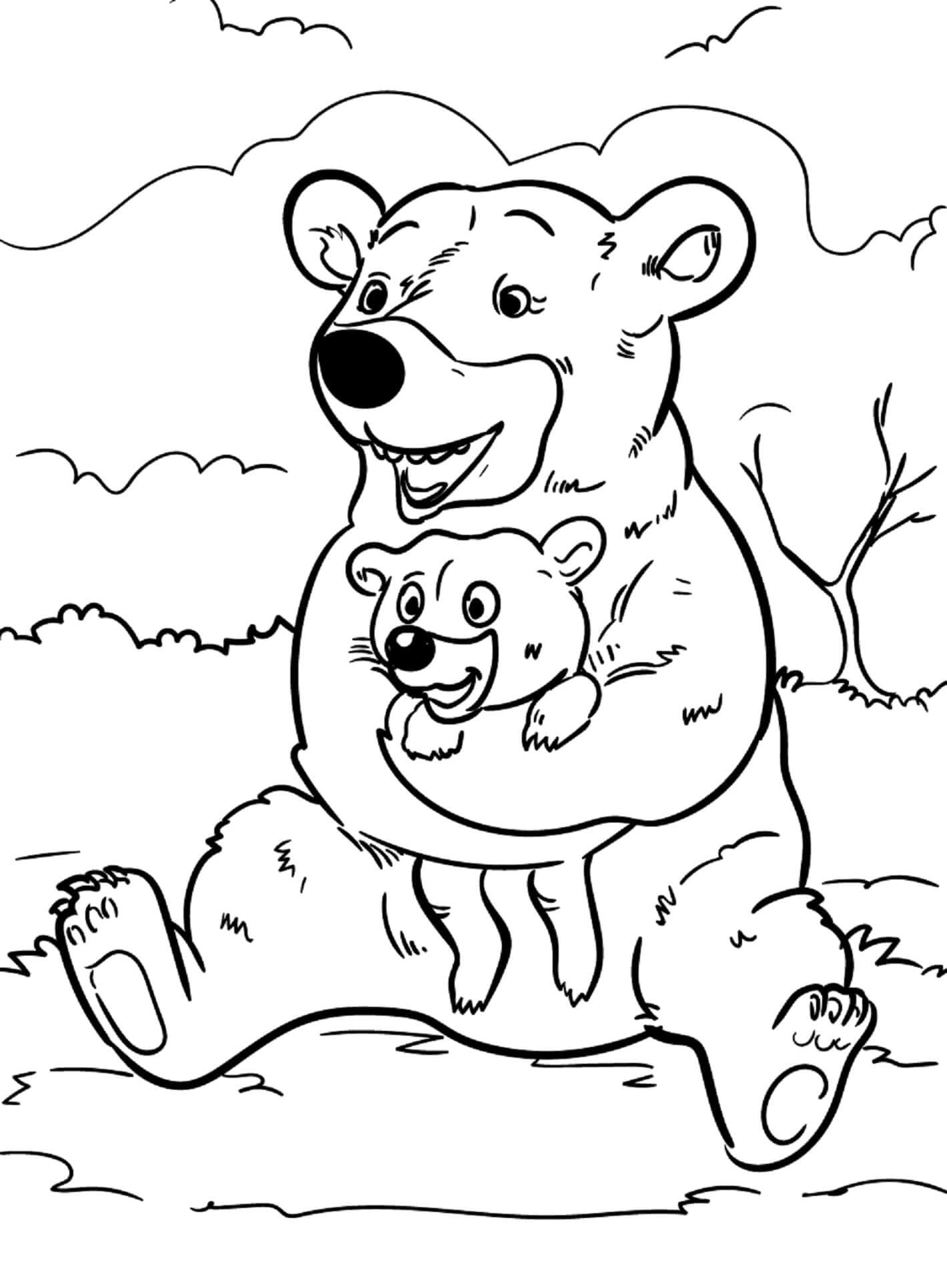 Matka medvěd objímání dítě medvěd omalovánka