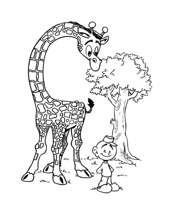 Žirafa a chlapec omalovánka