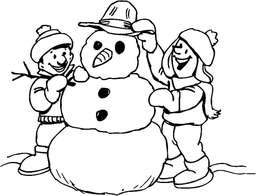 Děti staví sněhuláka omalovánka