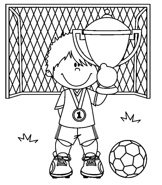 Malý chlapec a fotbalová trofej omalovánka