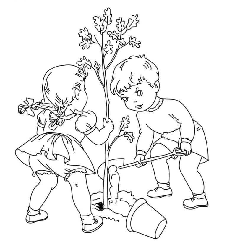 Děti sázejí stromy omalovánka