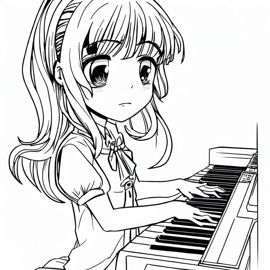 Anime dívka hraje na klavír obrázek omalovánka