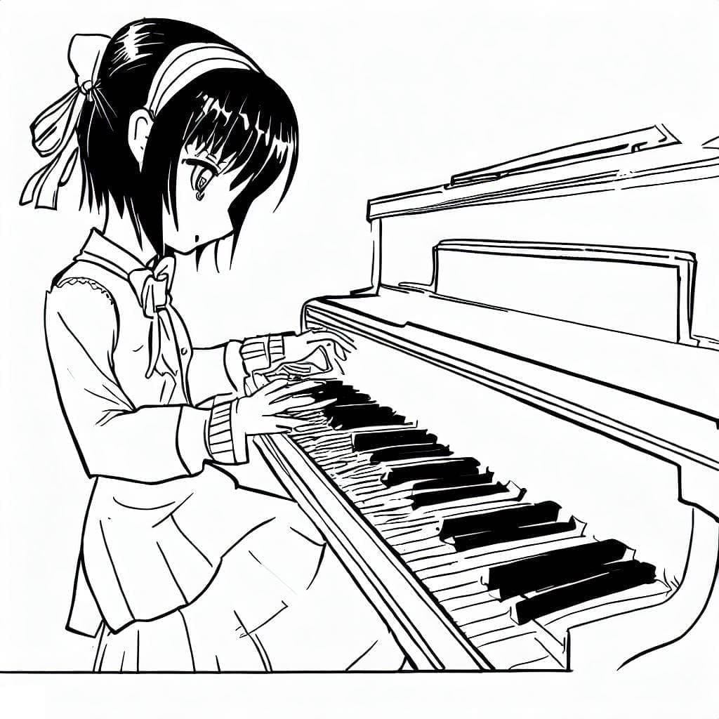 Anime dívka hraje na klavír omalovánka