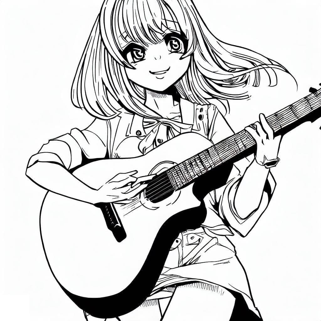 Anime dívka hraje na kytaru omalovánka
