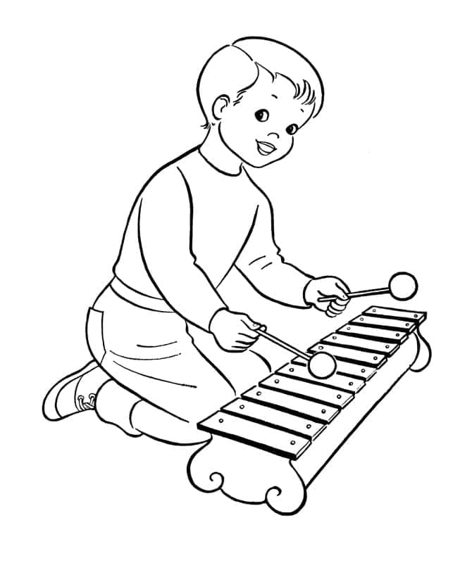 Chlapec hraje na xylofon omalovánka