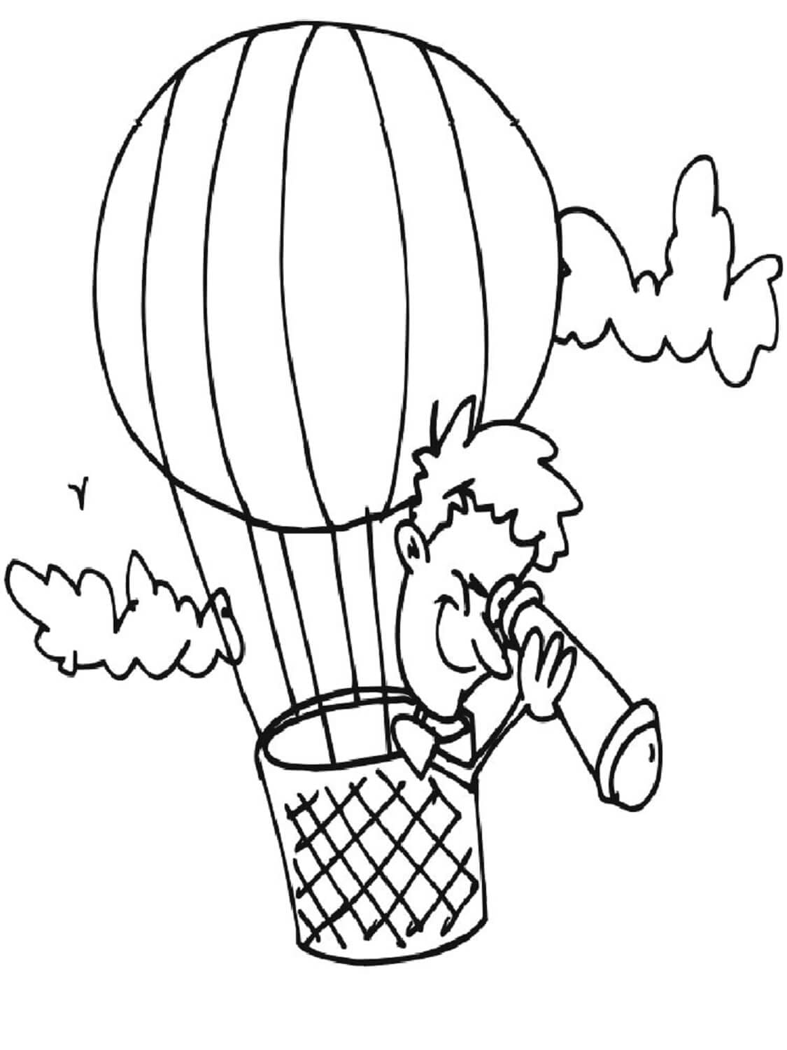 Chlapec pomocí lupy na horkovzdušném balónu omalovánka