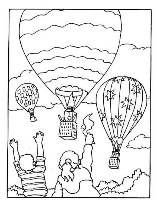 Dvě děti sledují horkovzdušný balón omalovánka