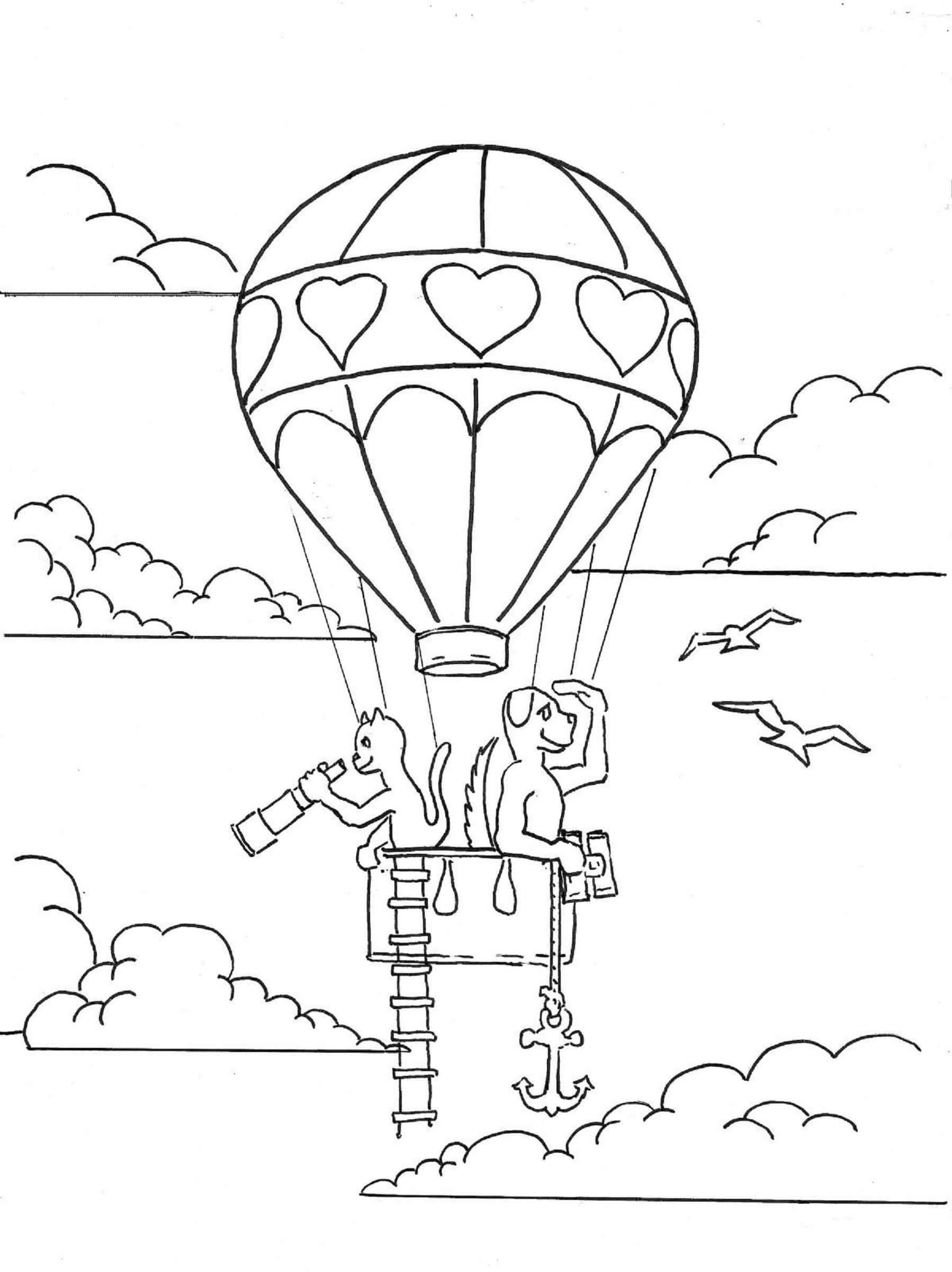 Omalovánka Kočka a pes v horkovzdušném balónu