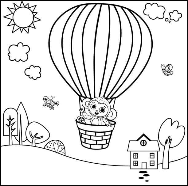 Omalovánka Opice v horkovzdušném balónu