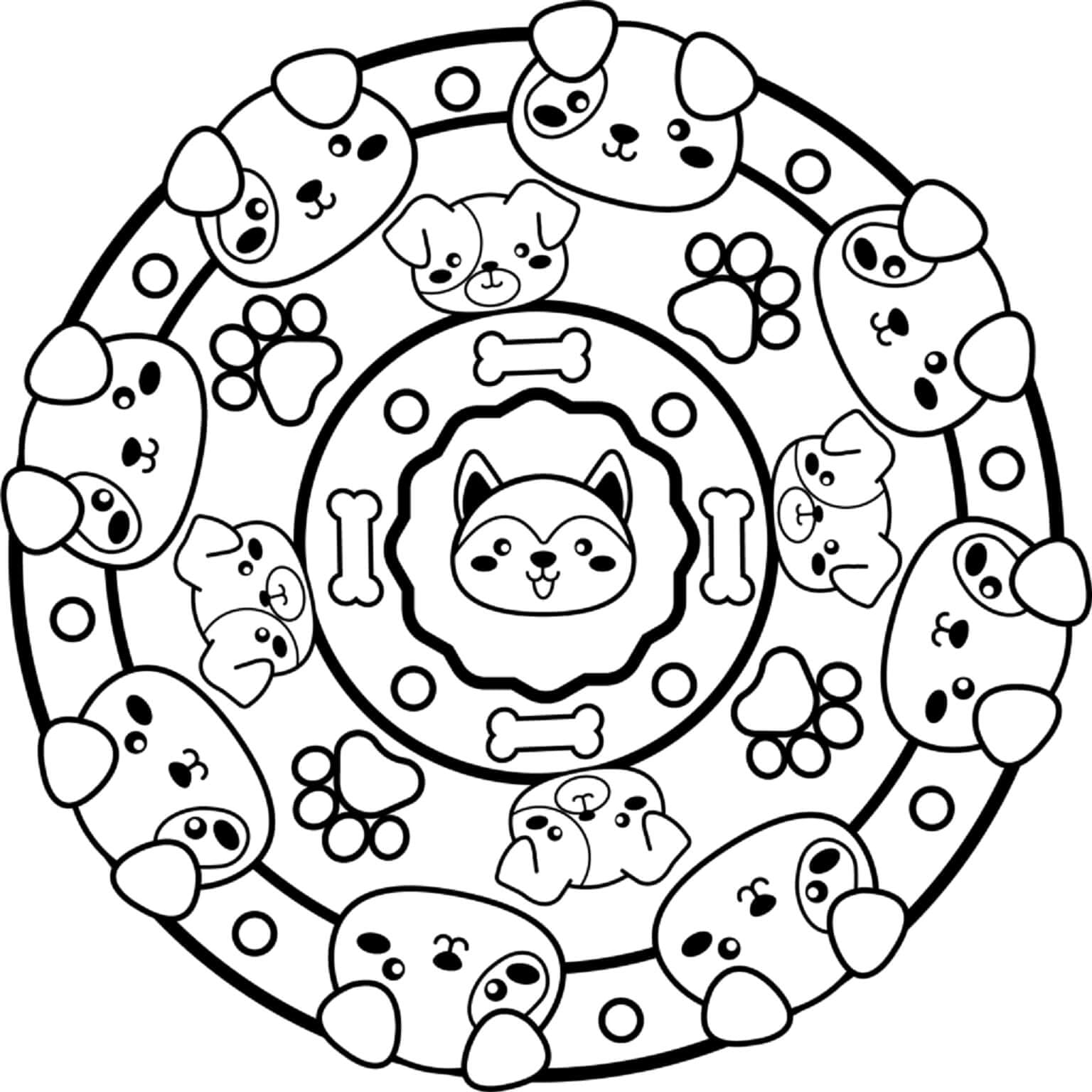 Omalovánka Kawaii psí mandala