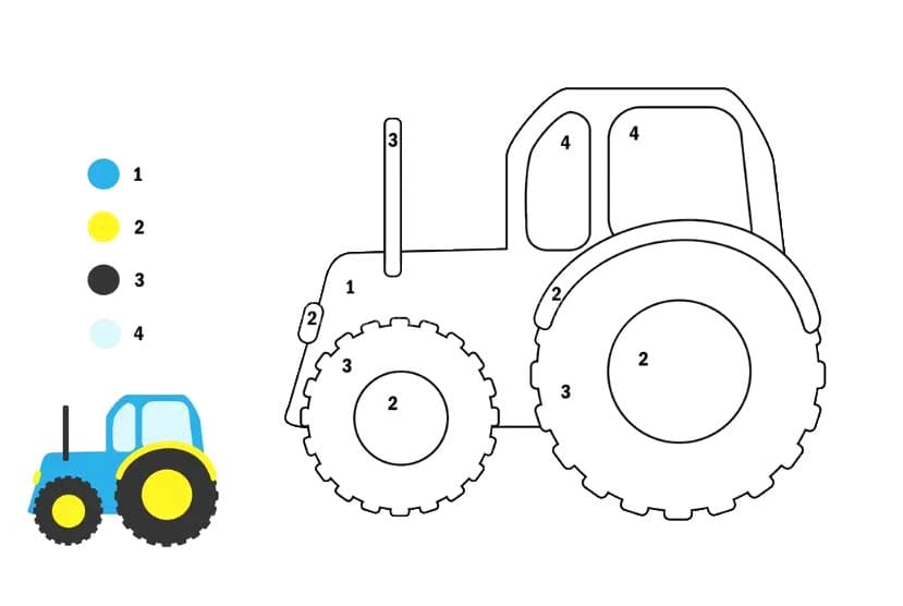 Traktor Malování podle čísel tisknutelné pro děti omalovánka