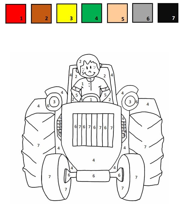 Traktor Malování podle čísel zdarma tisknutelné pro děti omalovánka