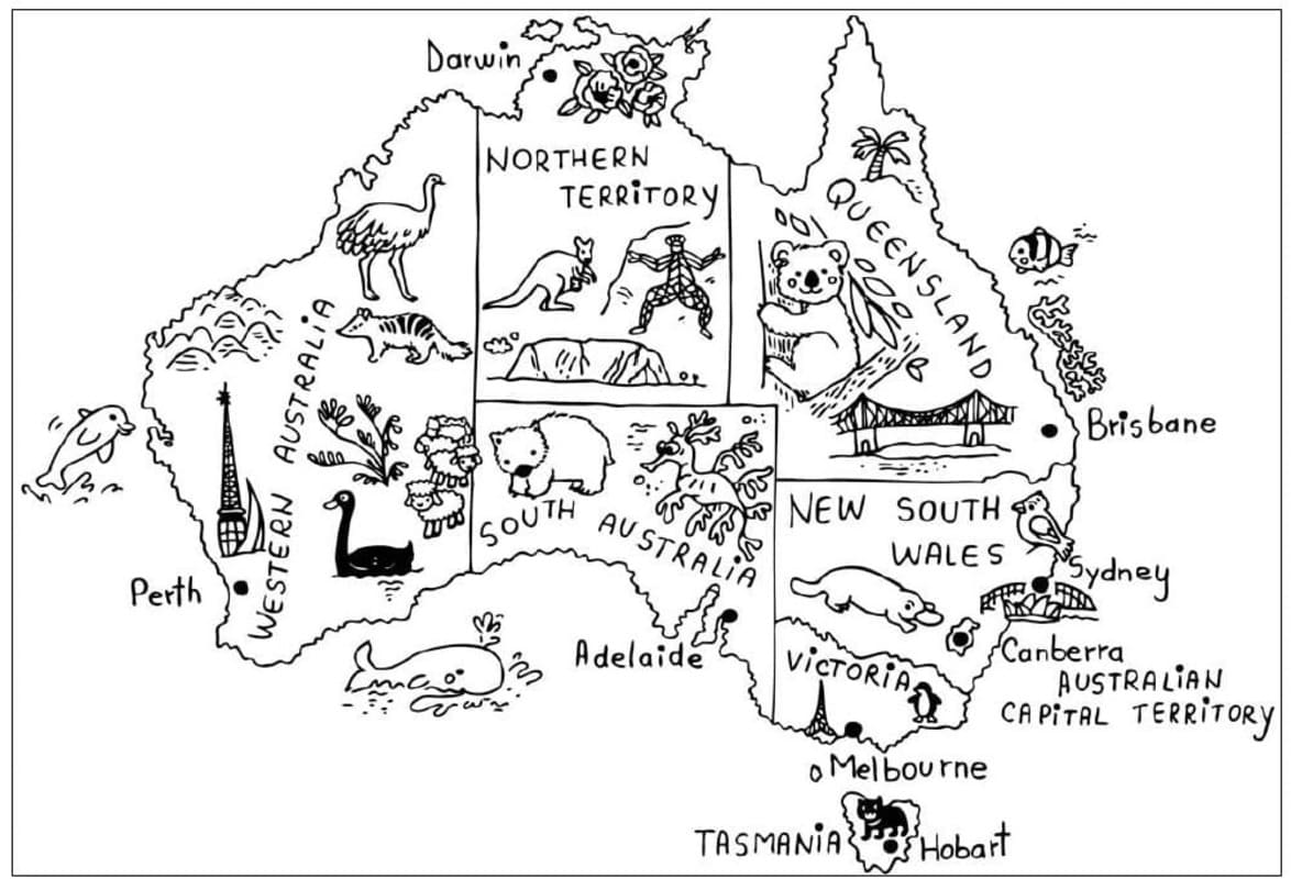 Nakreslete Austrálie prostý tisknutelné omalovánka