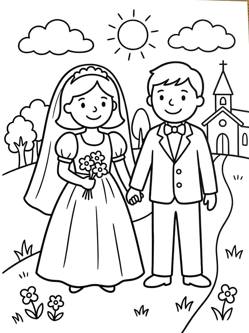 Nakreslete Nevěsta a ženich tisknutelné pro děti omalovánka