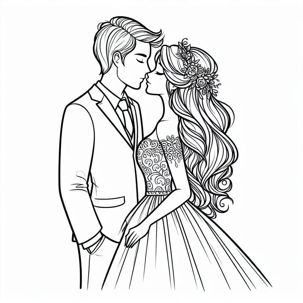 Nakreslete Nevěsta a ženich zdarma snadný tisknutelné omalovánka