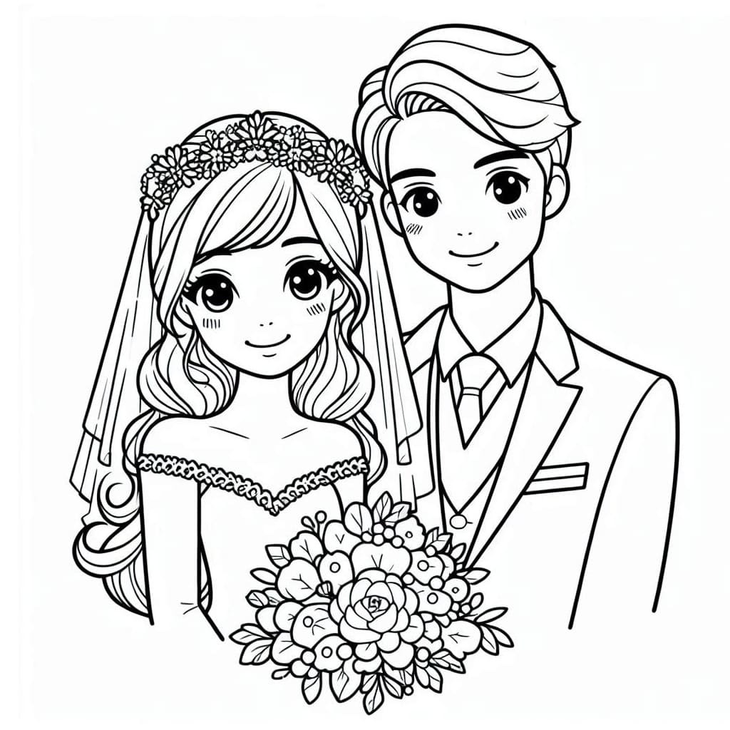 Nakreslete Nevěsta a ženich zdarma snadný omalovánka